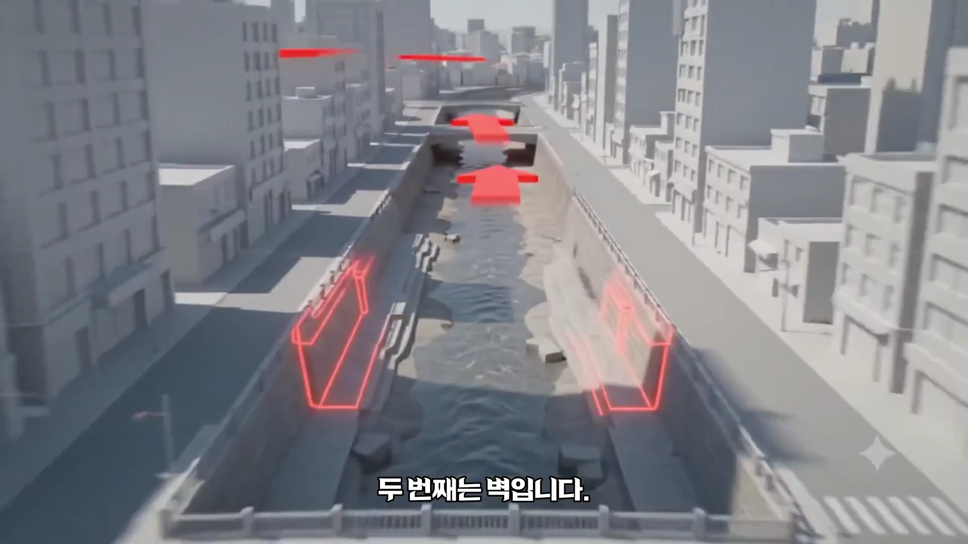 도심 속 하천의 단면을 보여주는 3D 그래픽으로, 강 양쪽 벽면과 물길을 붉은색 선과 화살표로 강조하고 있다.