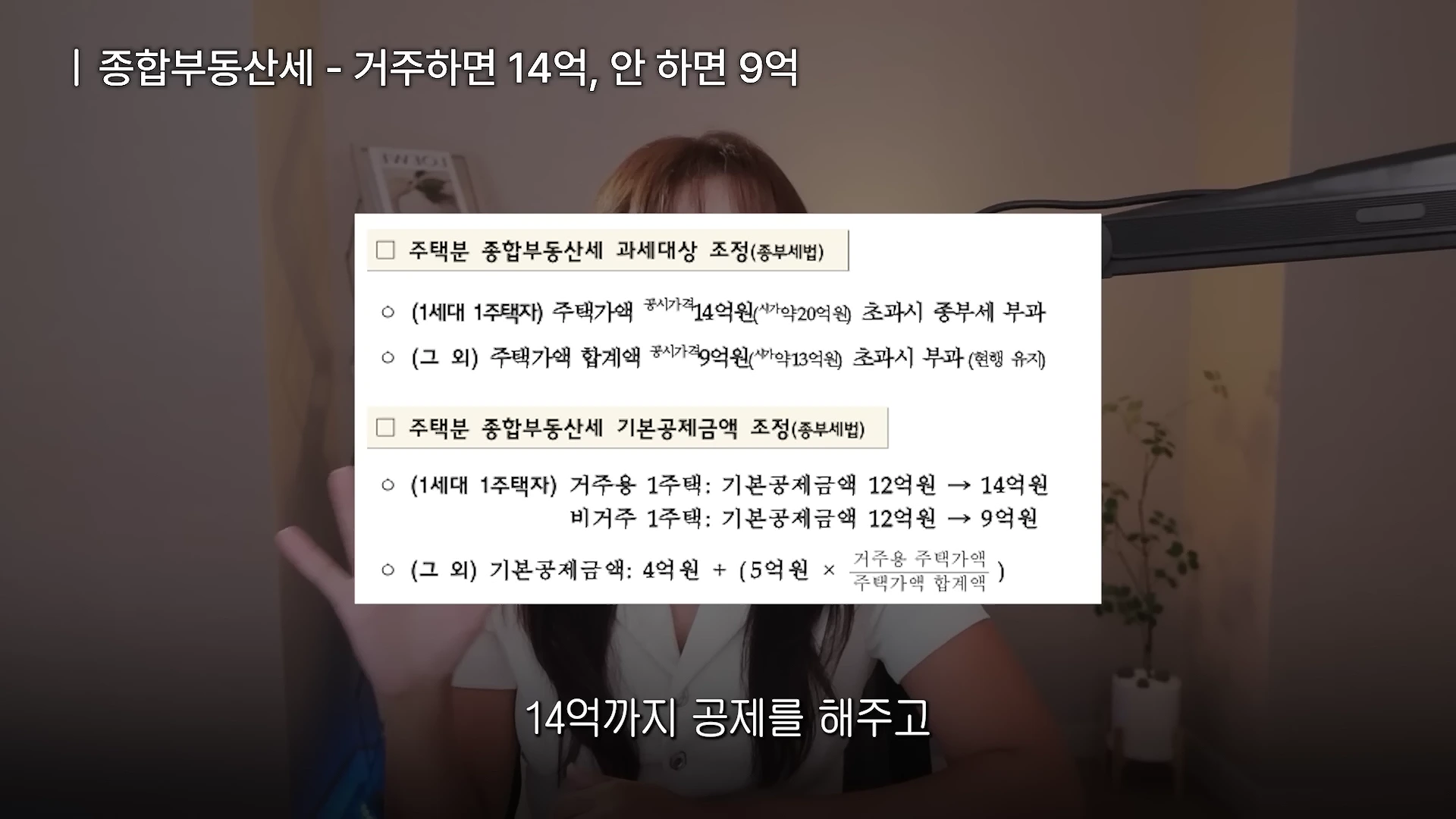 실내에서 발표하는 사람의 모습과 함께 종합부동산세 과세 대상 및 기본 공제 금액 조정 내용을 정리한 표가 화면 중앙에 배치되어 있다.