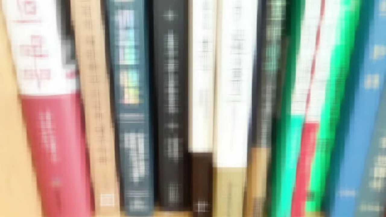 책장에 꽂혀 있는 다양한 색상과 두께의 책들
