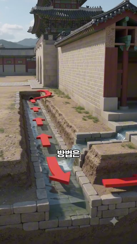 궁궐 정원 아래로 흐르는 수로를 보여주는 3D 그래픽으로, 빨간색 화살표가 물의 흐름을 나타내고 있으며 '방법은'이라는 자막이 중앙에 배치되어 있습니다.