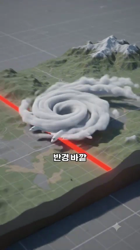 태풍의 소용돌이 형태와 비행기가 태풍의 영향권 밖으로 이동하는 모습을 보여주는 입체적인 3D 그래픽 영상 화면.
