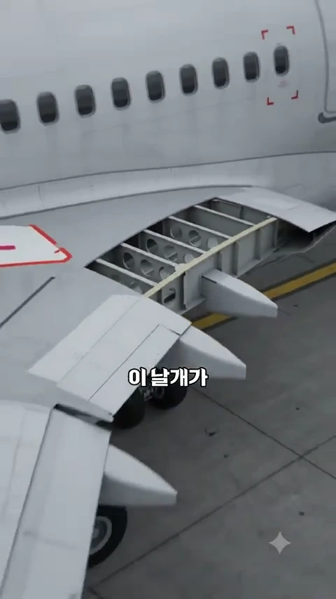 비행기의 날개 내부 구조가 노출된 모습과 함께 날개 일부가 분리된 상태를 보여주는 근접 촬영 화면.