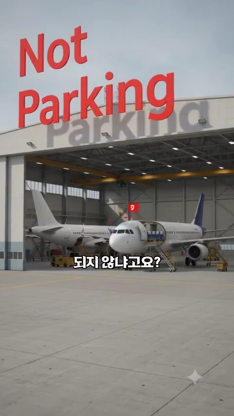 격납고 내부와 그 앞에 멈춰 서 있는 비행기들의 모습을 담은 사진에 'Not Parking'이라는 붉은 글씨가 크게 적혀 있다.