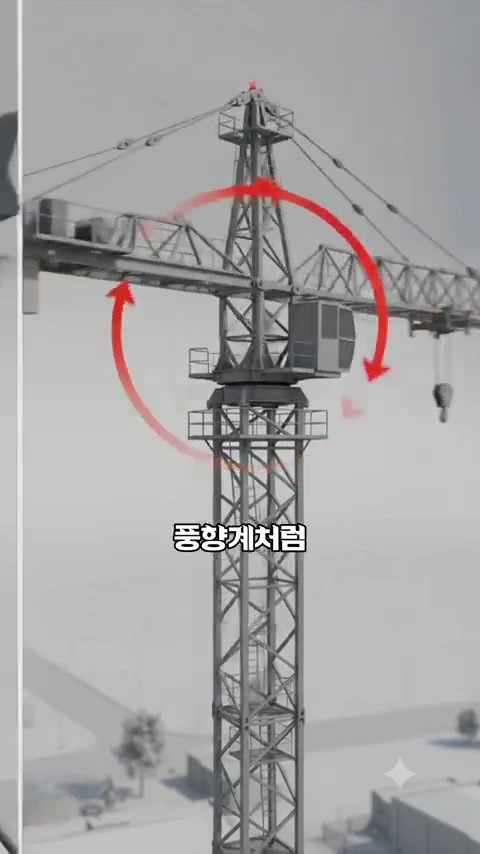 타워크레인의 상단부와 긴 팔이 바람의 방향에 따라 회전하는 모습을 보여주는 3D 그래픽 이미지이며, 회전을 나타내는 붉은색 원형 화살표가 그려져 있습니다.