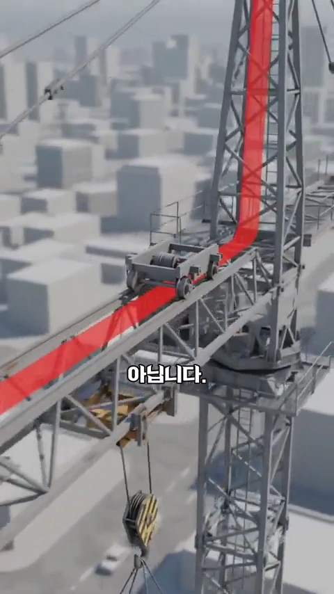 타워크레인의 팔 부분을 확대한 3D 그래픽 영상으로, 트롤리가 지나가는 수평 구조물에 붉은색 강조 선이 표시되어 있고 하단에는 아님이라는 한국어 자막이 나타나 있습니다.