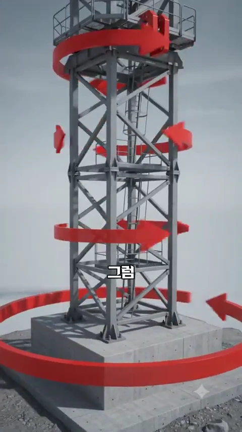 회색 철골 구조로 된 타워크레인의 하단 기둥과 콘크리트 기초가 보이며, 주위에 회전 방향을 나타내는 빨간색 화살표들이 원형으로 배치된 애니메이션 그래픽.