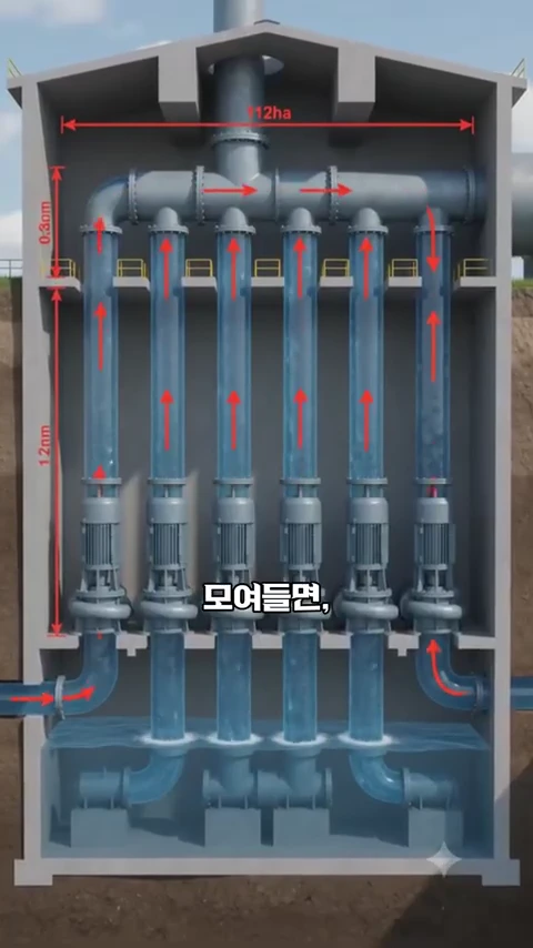 배수펌프장 내부를 단면으로 보여주는 3D 그래픽으로, 하부의 저수조에서 펌프를 통해 물이 수직 파이프를 타고 올라가 외부로 배출되는 과정을 빨간 화살표로 나타내고 있습니다.