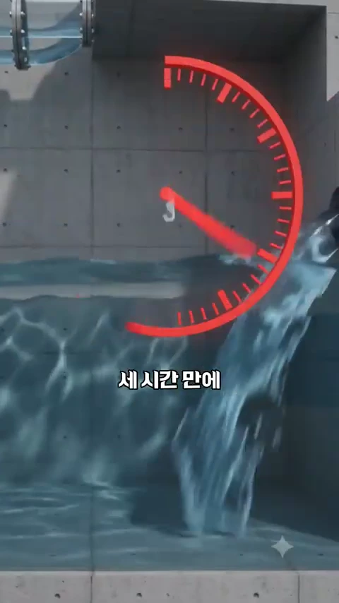 콘크리트 구조물 안에서 물이 빠르게 빠져나가는 모습을 보여주는 3D 그래픽 영상으로, 화면 중앙에는 '세 시간 만에'라는 텍스트와 함께 빨간색 타이머 그래픽이 겹쳐져 있다.
