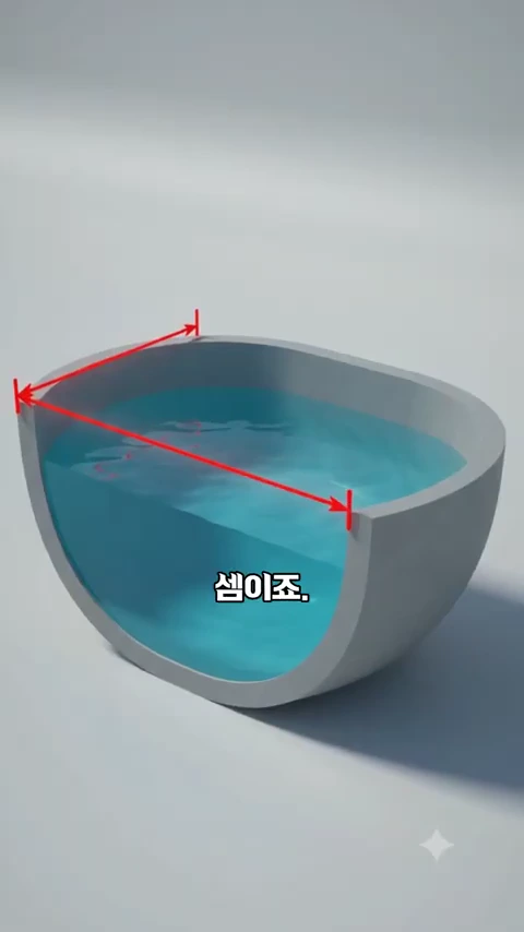 물이 가득 차 있는 그릇 모양의 3D 모델 위에 빨간색 화살표가 치수를 표시하고 있으며 하단에 '셈이죠.'라는 자막이 적힌 모습.