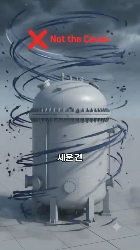 원자로 압력 용기 모델 주위를 회색 회오리바람이 감싸고 있는 그래픽이며, 상단에 빨간색 'X' 표시와 함께 'Not the Cause'라는 문구가 쓰여 있고 중앙에는 한국어로 '세운 건'이라는 텍스트가 배치되어 있다.