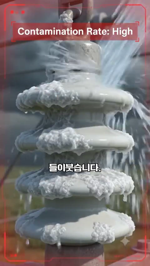 송전선에 부착된 절연체(애자) 표면에 하얀 염분 덩어리가 쌓여 있고 물이 흐르고 있는 모습. 화면 상단에는 'Contamination Rate: High'라는 영문 문구가 적혀 있음.