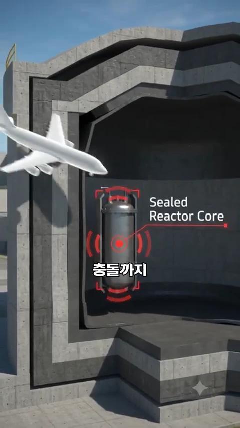 두꺼운 콘크리트 벽으로 보호받는 원자력 발전소 내부의 원자로 모형 옆으로 항공기가 지나가는 모습이 담긴 3D 그래픽 영상