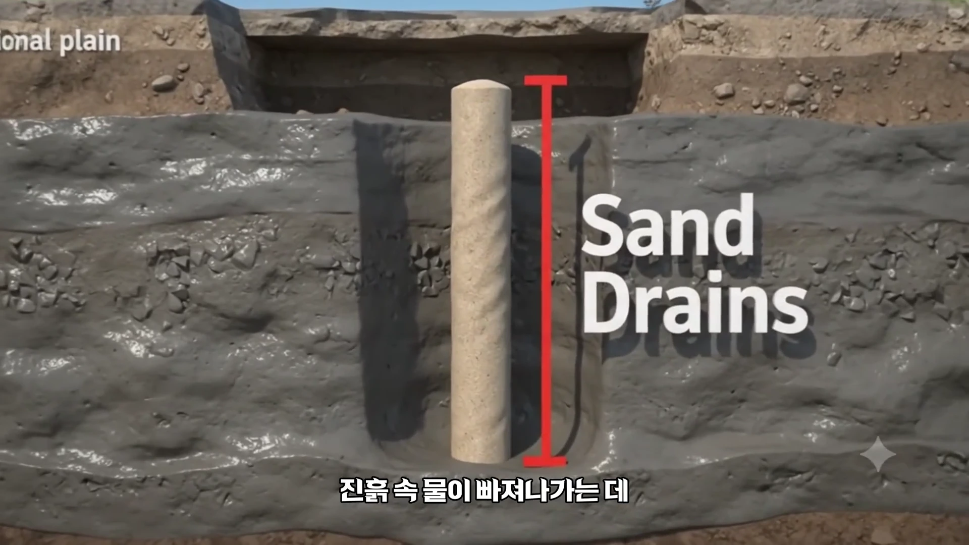 땅속 진흙층에 수직으로 박힌 샌드 드레인 기둥의 단면도 그래픽