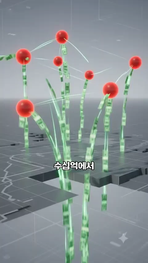 지도를 배경으로 지면에서 빨간 공이 떠오르고 그 아래로 지폐 다발들이 줄처럼 이어져 하늘로 올라가는 모습의 3D 그래픽