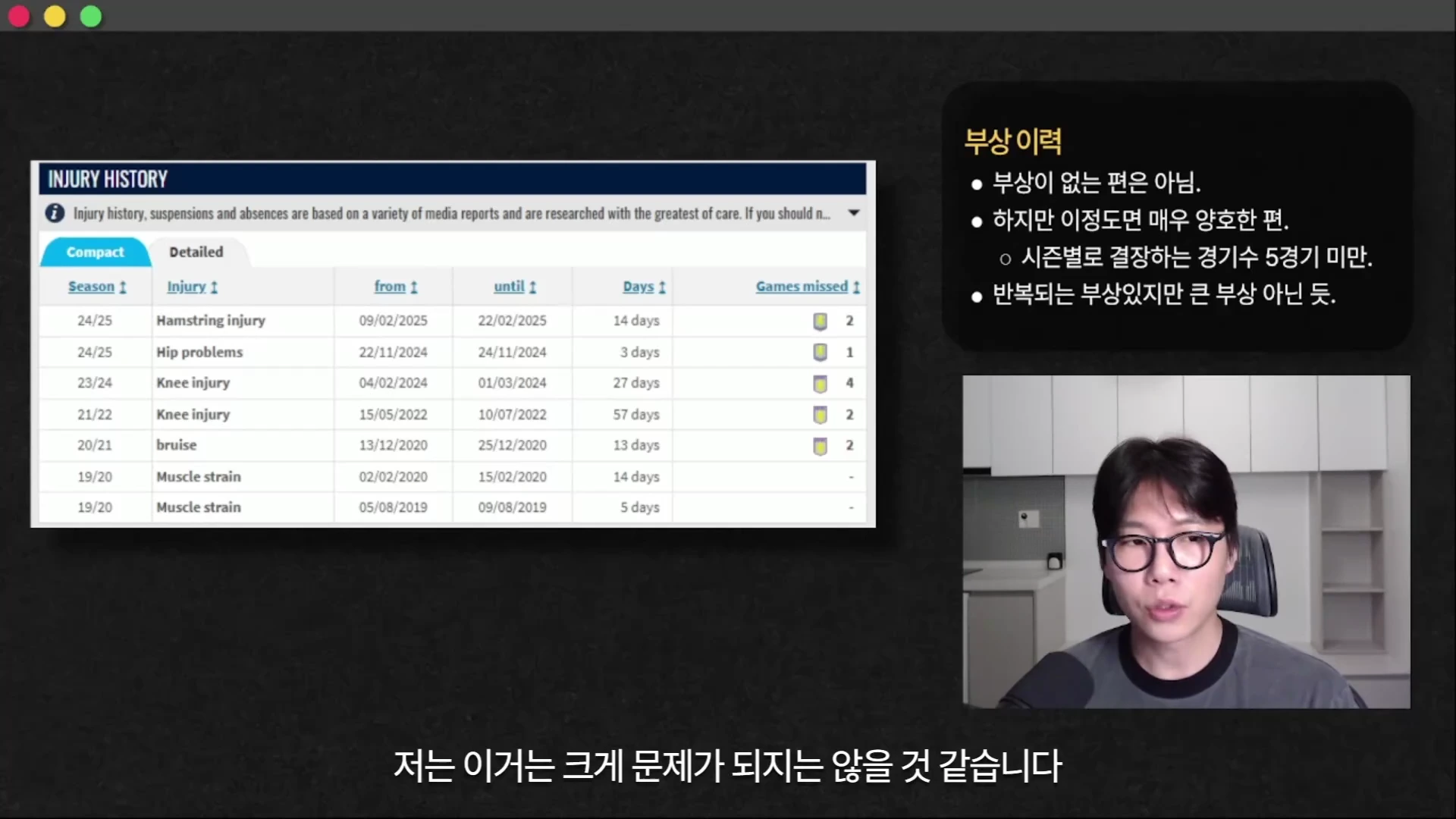 안경을 쓴 남성이 마이크 앞에서 발표하고 있으며 화면 한쪽에는 부상 이력을 정리한 표와 요약 텍스트가 표시되어 있습니다.