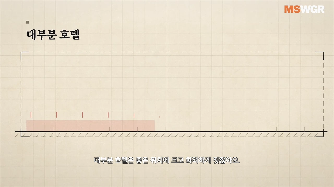 격자무늬 배경 위에 '대부분 호텔'이라는 제목과 함께 일반적인 호텔의 특징을 설명하는 그래픽이 배치된 화면입니다.