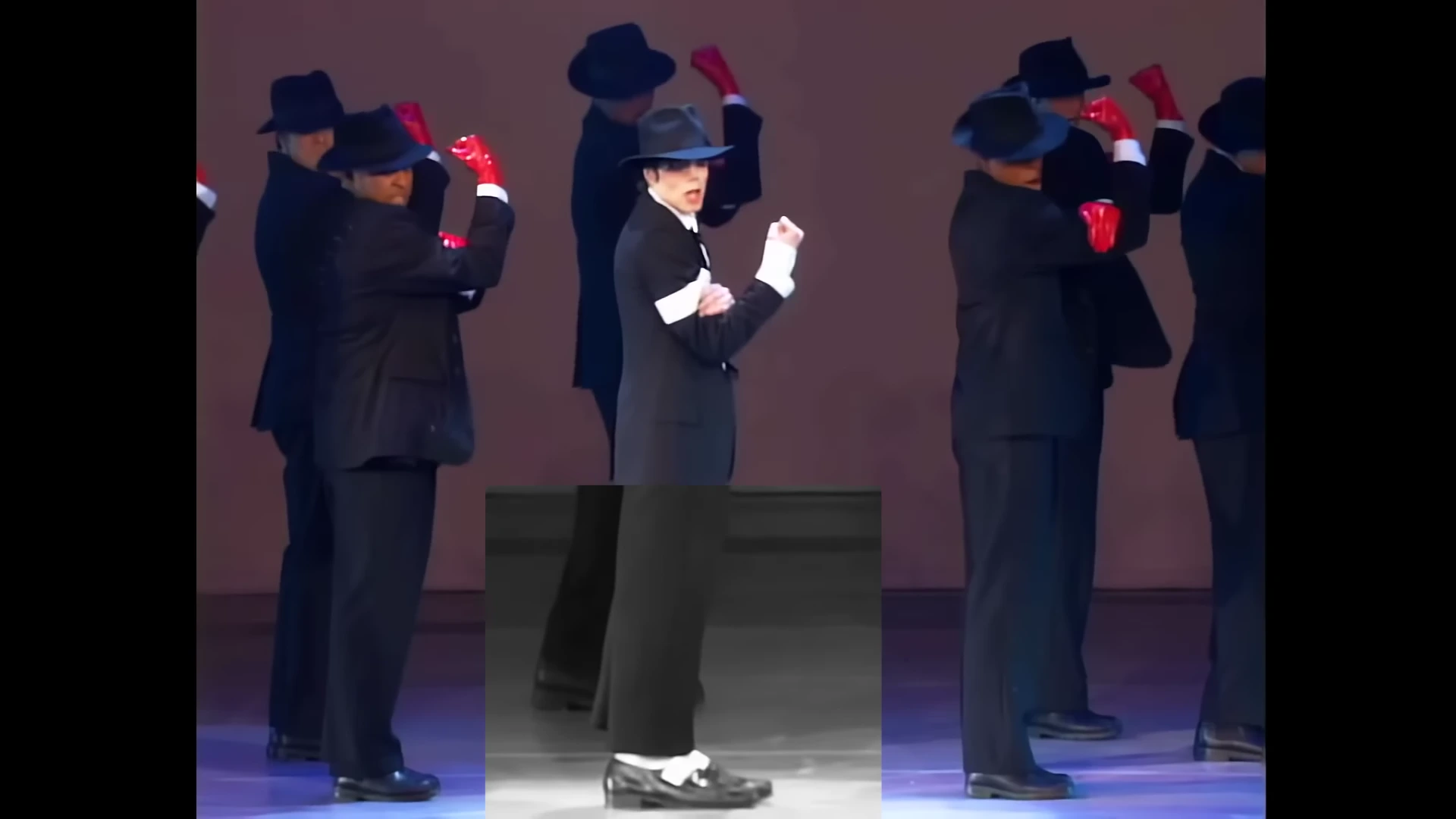 검은색 정장과 중절모를 쓴 마이클 잭슨과 댄서들이 빨간 장갑을 끼고 같은 동작을 취하며 무대 위에서 춤을 추고 있고, 화면 아래쪽에는 그의 발놀림을 보여주는 흑백 영상이 겹쳐져 있다.