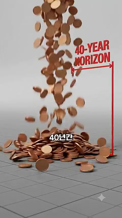 동전들이 아래로 쏟아져 쌓이는 3D 애니메이션 그래픽으로, 오른쪽에 '40-YEAR HORIZON'이라는 문구와 화살표가 표시되어 있고 화면 중앙에 '40년간'이라는 자막이 있습니다.