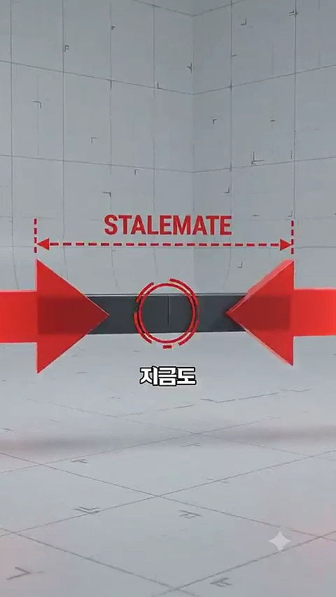 흰색 격자무늬 배경 중앙에 두 개의 빨간 화살표가 서로 마주 보고 있고, 그 사이 중앙에 'STALEMATE'라는 영어 단어와 '지금도'라는 한글이 적힌 그래픽 화면.