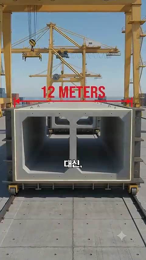 거대한 노란색 크레인 아래에 배치된 12미터 너비의 육중한 직사각형 콘크리트 터널 구조물 내부가 정면으로 보입니다.