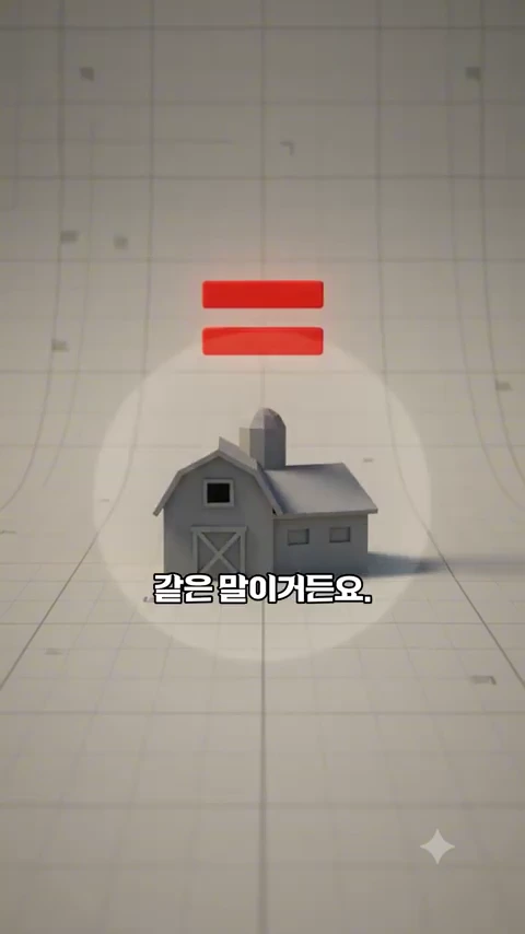 그리드 배경 위에 3D로 모델링된 작은 창고 모양의 건물과 그 위에 빨간색 등호 기호가 떠 있는 그래픽 화면입니다.