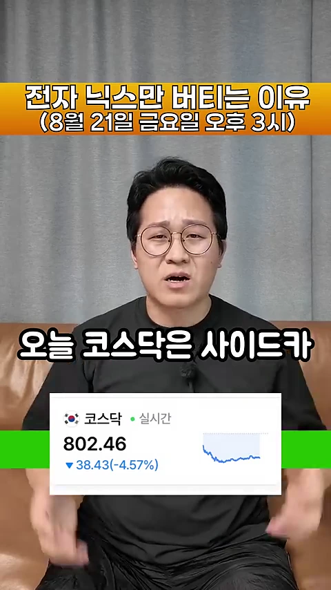 안경을 쓴 남성이 갈색 소파에 앉아 이야기하고 있으며 화면 하단에는 코스닥 지수가 급락했다는 실시간 그래프가 표시되어 있다.