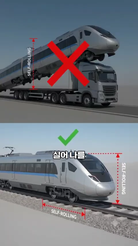 트럭 위에 기차가 실린 모습에 큰 빨간색 X 표시가 있고 아래쪽엔 철로 위를 스스로 달리는 기차에 녹색 체크 표시가 있는 비교 그래픽