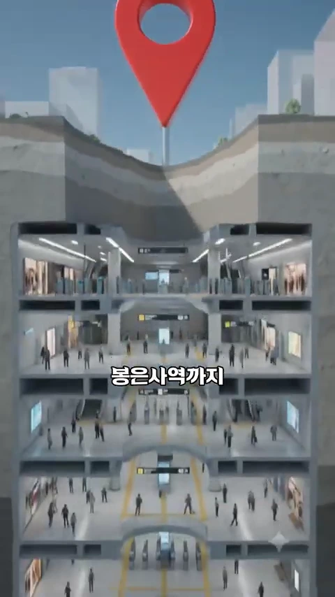 지하 공간을 여러 층으로 나눈 거대한 터널 단면도를 보여주는 3D 그래픽 이미지로 위쪽에는 빨간색 위치 표시 아이콘이 떠 있고 아래로 다층 구조의 지하 시설이 묘사되어 있다.