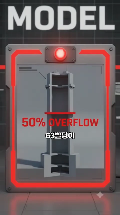 디지털 화면 중앙에 63빌딩의 절반 정도가 물에 잠긴 것을 보여주는 시뮬레이션 그래픽이 있으며, 상단에 'MODEL'이라는 영문과 중앙에 '50% OVERFLOW'라는 붉은색 글씨가 적혀 있습니다.