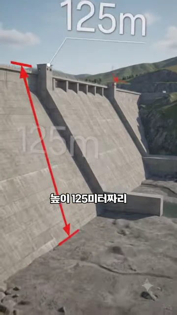 강원도 화천에 위치한 평화의 댐 전경으로 거대한 콘크리트 벽면과 높이를 나타내는 빨간색 화살표와 125m라는 글자가 표기된 영상 화면입니다.