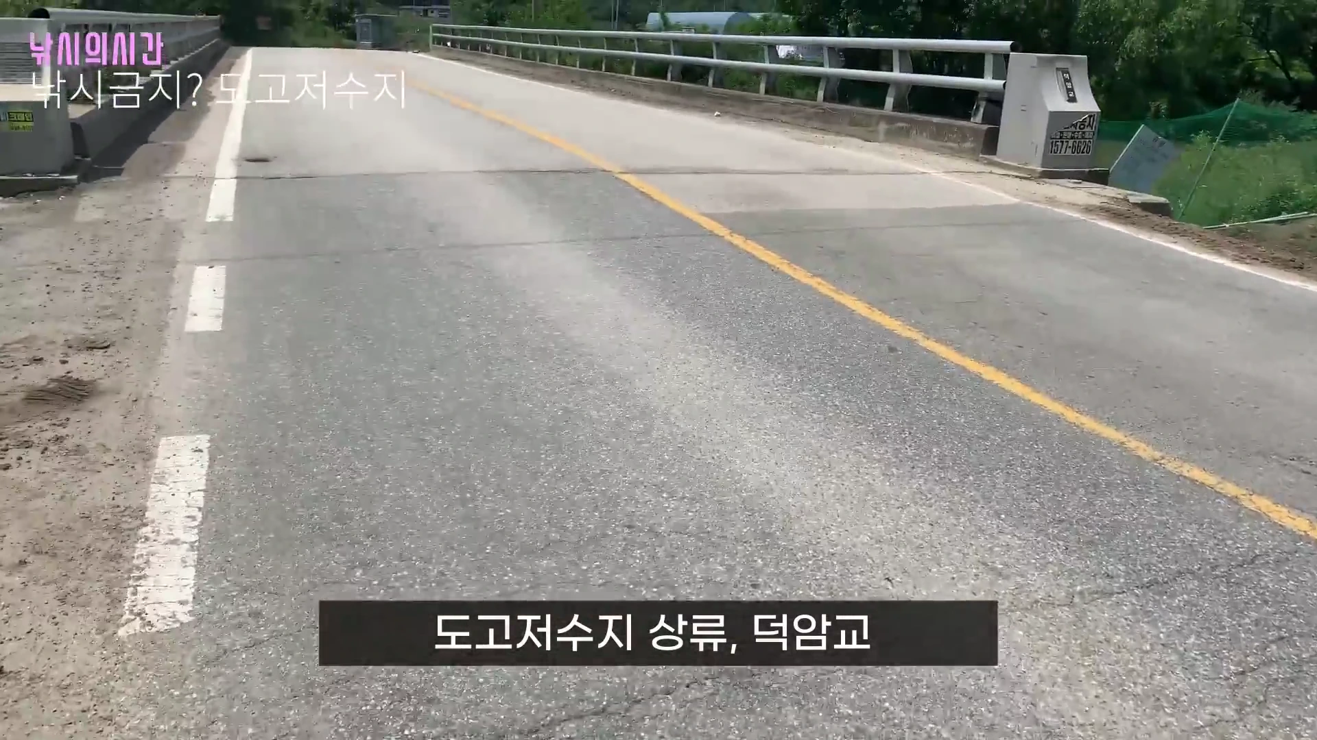 도고저수지 상류에 위치한 덕암교 위에서 촬영된 한적한 아스팔트 도로의 풍경.