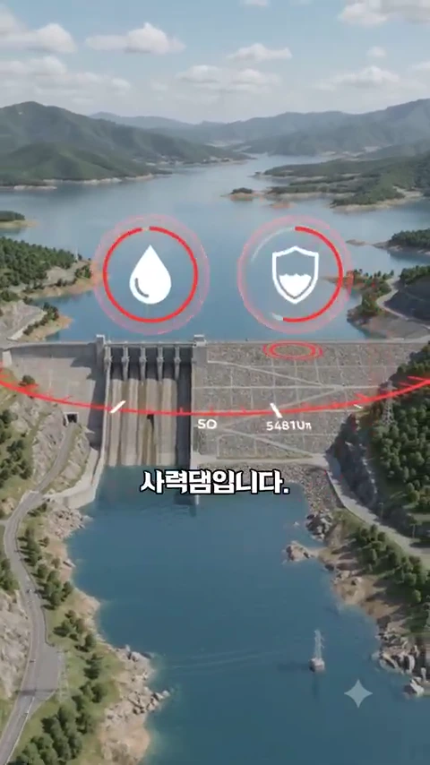 푸른 물이 가득한 소양강댐의 전경 위로 물방울과 방패 모양의 아이콘, 숫자 데이터가 그래픽으로 표시된 항공 뷰 영상.