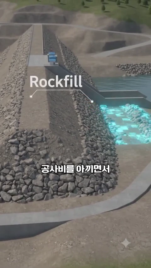 댐의 단면을 보여주는 3D 그래픽으로, 흙과 돌을 쌓아 올린 사력댐 구조와 Rockfill이라는 영문 표기 및 공사비 절감에 대한 한국어 자막이 삽입되어 있음.