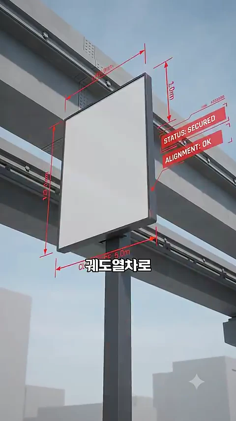 자기부상열차의 궤도 구조물과 주변 환경을 측정한 그래픽이 겹쳐진 화면으로, Status: Secured와 Alignment: OK라는 문구가 표시되어 있습니다.