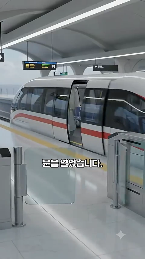 흰색과 빨간색이 섞인 인천공항 자기부상열차가 정차해 문이 열려 있는 역사 승강장 모습