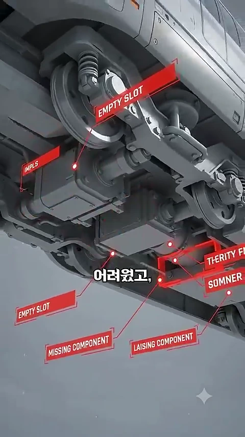열차 하부 구조를 보여주는 3D 그래픽 영상으로, 여러 부품이 있어야 할 자리가 비어 있고 붉은색 텍스트 상자로 부품의 부재와 결함을 나타내는 정보가 표시되어 있음.