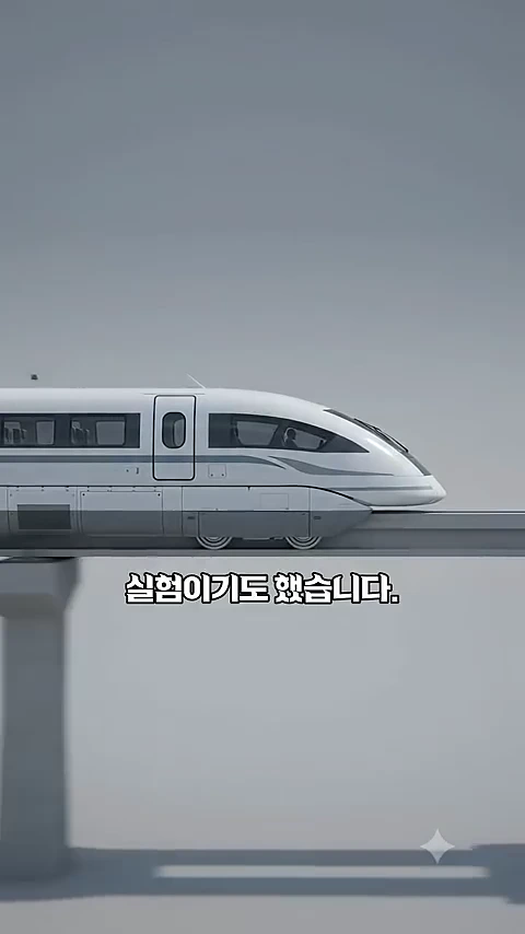 흰색 유선형 자기부상열차가 높은 교각 위 선로를 따라 달리고 있으며 하단에는 한국어 자막이 적혀 있다.