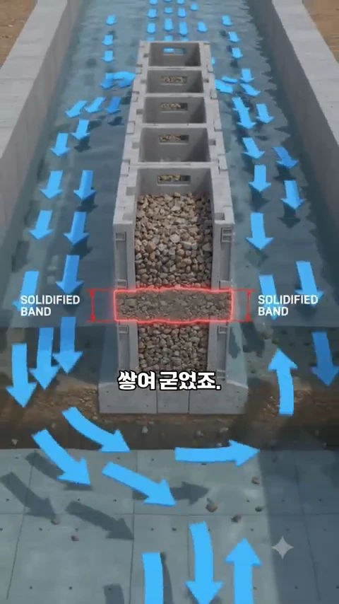 강물 속에서 통나무 방틀이 물살을 막고 그 안으로 돌과 흙이 채워지는 과정을 나타낸 3D 그래픽 영상 화면.