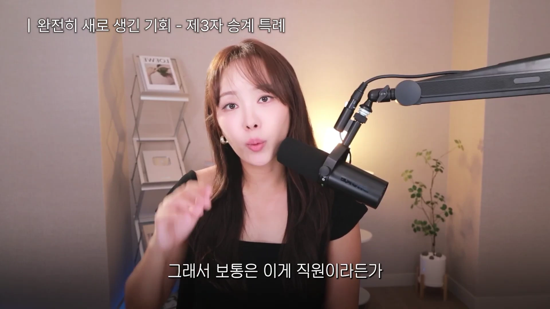 실내 스튜디오에서 마이크를 앞에 두고 말하고 있는 여성 회계사. 화면 상단에는 '완전히 새로 생긴 기회 - 제3자 승계 특례'라는 자막이 표시되어 있습니다.
