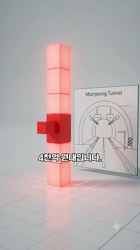 입체적인 기둥 모양의 인포그래픽과 미시령 터널을 묘사한 선화 그림이 함께 배치되어 있으며, 화면 중앙에는 4천억 원대라는 텍스트가 적혀 있다.