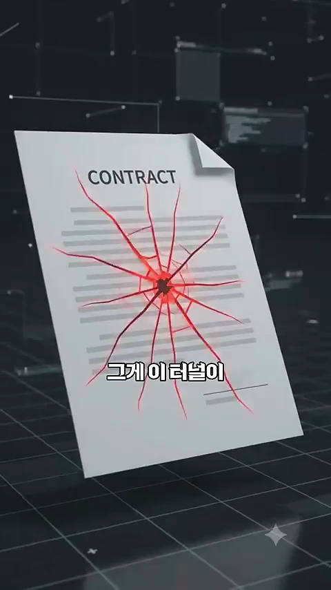 계약서 문서 중앙에 붉은색의 깨진 유리창 같은 파편 무늬가 그려진 그래픽 이미지.