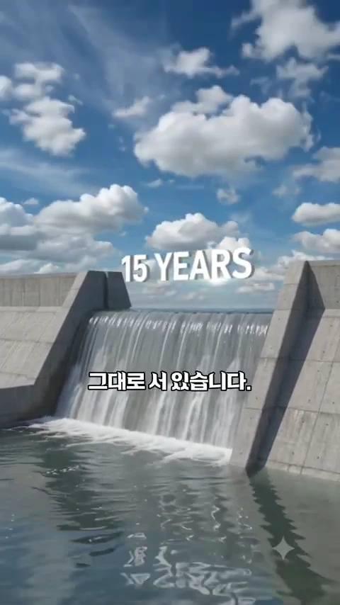 푸른 하늘 아래 강물을 가로질러 설치된 콘크리트 보 위로 물이 넘쳐흐르고 있으며, 중앙에는 '15 YEARS'라는 영문 텍스트와 하단에 '그대로 서 있습니다'라는 한글 문구가 적힌 영상 캡처 화면입니다.