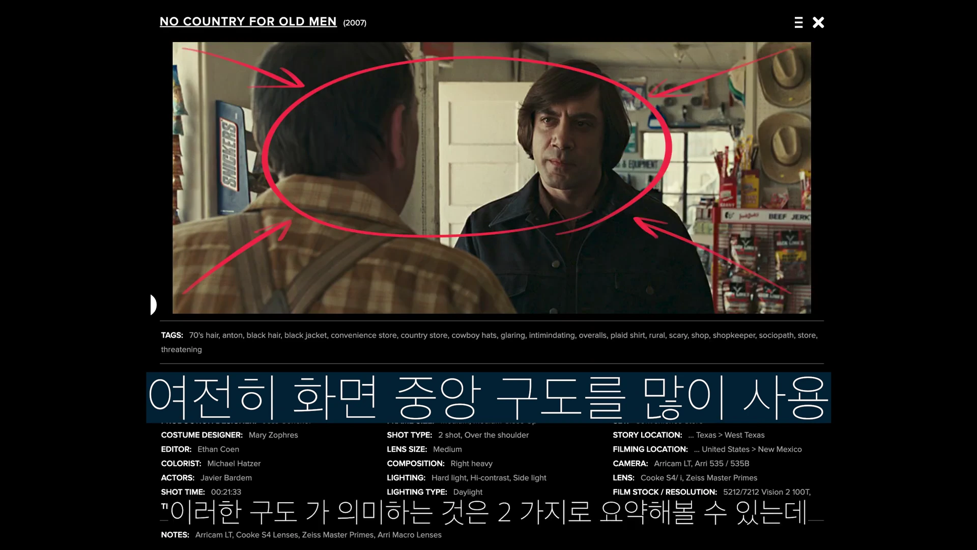 영화 노인을 위한 나라는 없다의 한 장면이 포함된 영상 분석 화면으로, 오버 더 숄더 샷 구도에 붉은색 원과 화살표 표시가 되어 있으며 하단에는 촬영 정보와 자막이 배치되어 있습니다.