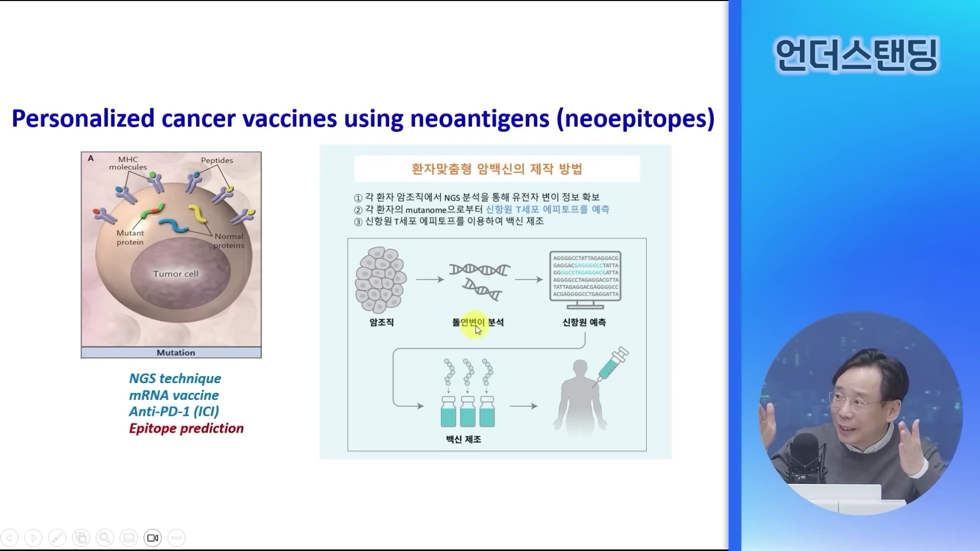 화면 좌측에는 암세포와 신항원 기전을 설명하는 도표가, 중앙에는 NGS 분석을 통한 환자 맞춤형 암 백신 제작 과정을 나타낸 도식화된 인포그래픽이 있으며, 우측 하단에는 마이크 앞에서 설명하는 남성의 모습이 담긴 방송 화면입니다.