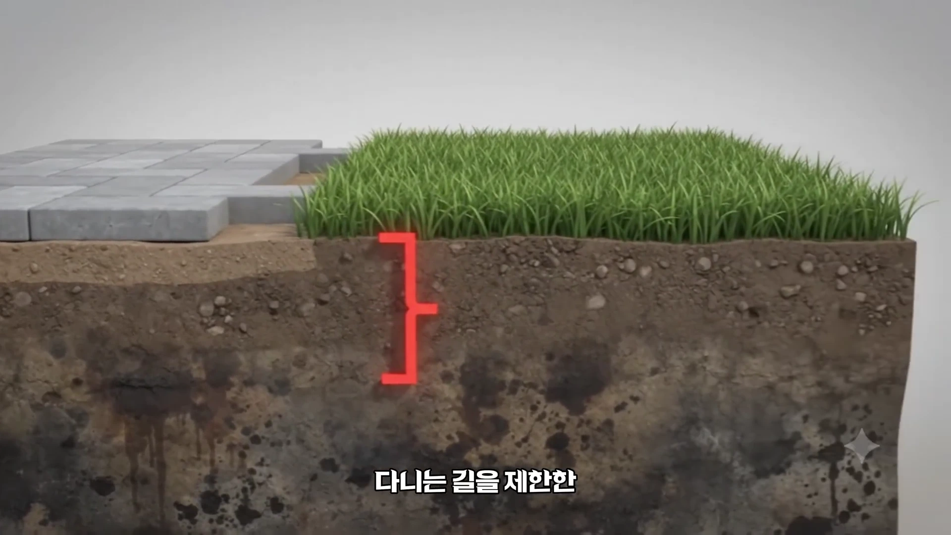 단면도로 표현된 지층의 모습으로 잔디밭과 보도블록 아래 붉은색 괄호로 일정 깊이를 표시한 그래픽