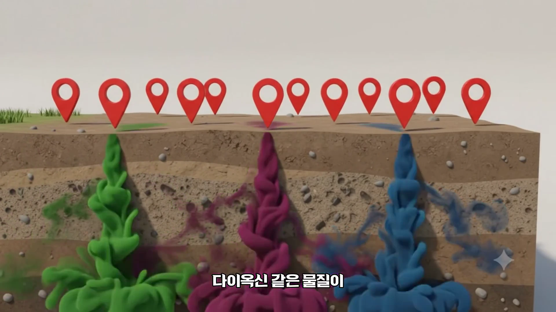 토양 단면도 위에 여러 개의 빨간색 위치 표시 아이콘이 꽂혀 있고, 그 아래로 초록색, 보라색, 파란색의 오염 물질이 땅속 깊숙이 퍼져 내려가는 모습이 담긴 3D 그래픽