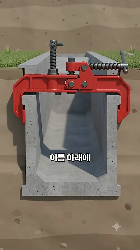 단면이 U자 형태인 콘크리트 수로 위에 빨간색 금속 클램프 도구가 설치되어 있는 3D 그래픽 이미지.
