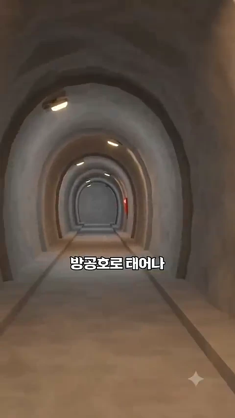 곡선 형태의 어두운 지하 터널 내부 모습으로, 은은한 조명이 벽면을 따라 비추고 있으며 중앙에는 '방공호로 태어나'라는 자막이 적혀 있다.