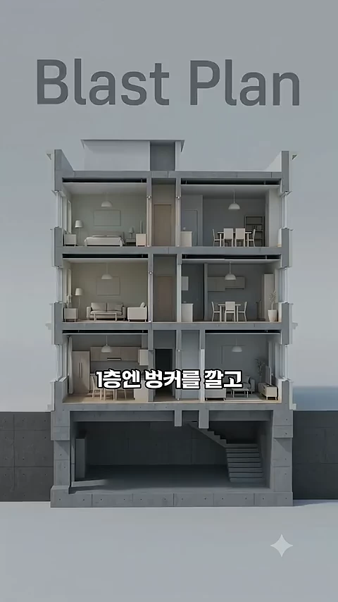 아파트 건물의 단면을 보여주는 3D 그래픽으로, 1층에 벙커가 있고 그 위로 주거 공간이 층층이 쌓여 있는 구조가 영어 문구 'Blast Plan'과 함께 나타나 있습니다.