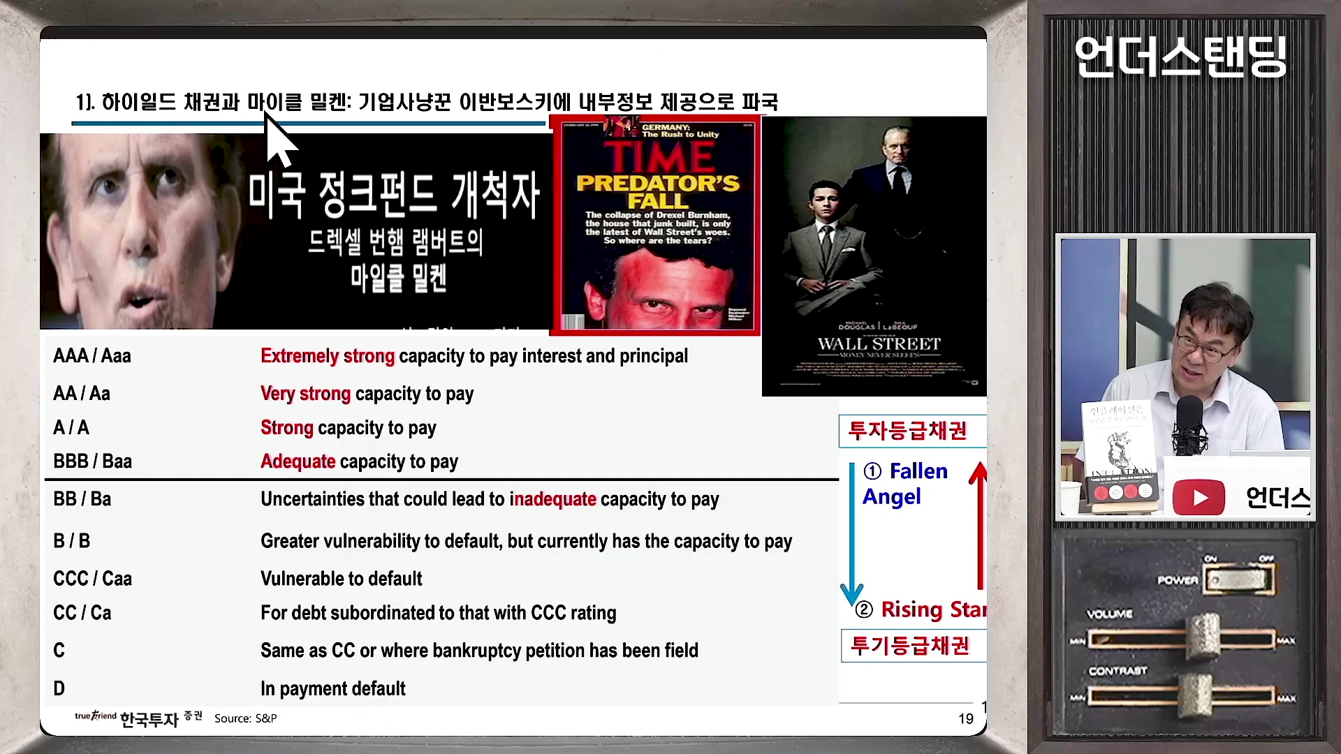 프리젠테이션 슬라이드에는 마이클 밀켄의 사진, 타임지 표지, 영화 '월스트리트' 포스터와 함께 채권 등급표가 나와 있고, 우측 화면에는 마이크 앞에서 이야기하는 남성 출연자가 보입니다.